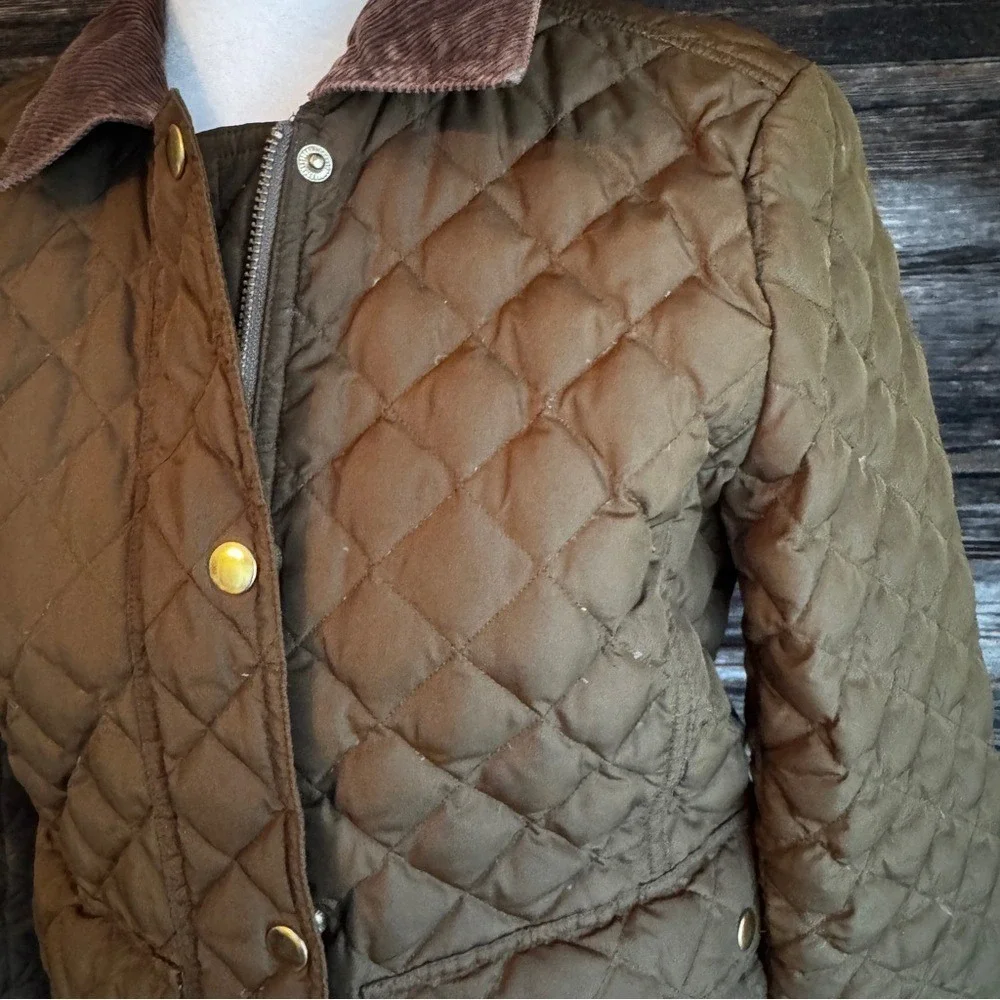 JCrew Olive Green Quilted Barn Jacket Corduroy Collar Sz.‎ XS